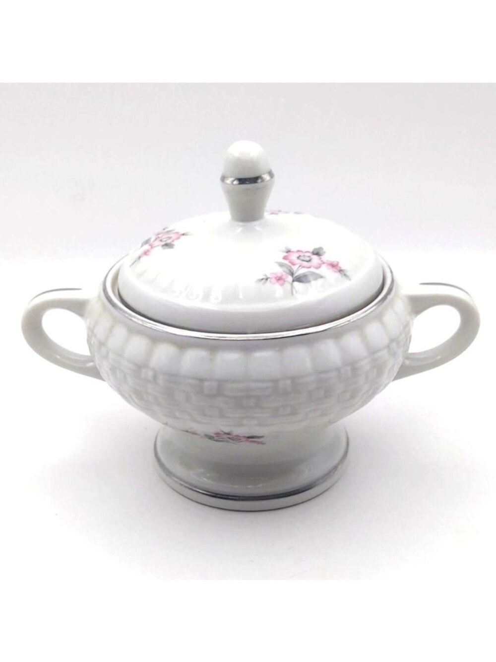Hall China Covered Sugar Bowl Forman Family Porcelain Floral Handles USA Vintage